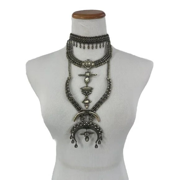 Free People Multilayered Antiqued Silver & Rhinestone Necklace - Picture 3 of 16